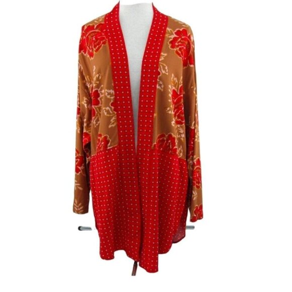 Free People Forget Me Knot Red Brown Floral Kimono Jacket Top Size S Open Front - Picture 1 of 10